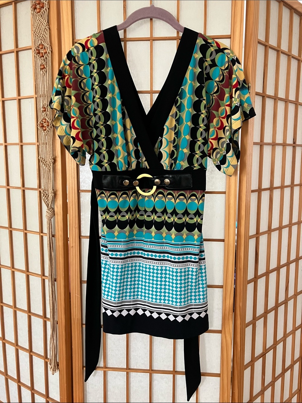 Y2k Geometric Print V-Neck Belted Tunic DEADSTOCK